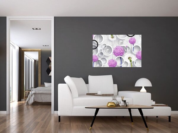 Tablou cu abstracție 3D cu cercuri și flori (90x60 cm)