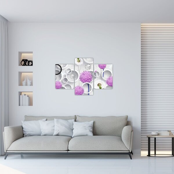 Tablou cu abstracție 3D cu cercuri și flori (90x60 cm)