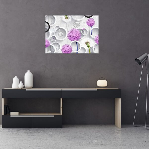 Tablou cu abstracție 3D cu cercuri și flori (70x50 cm)