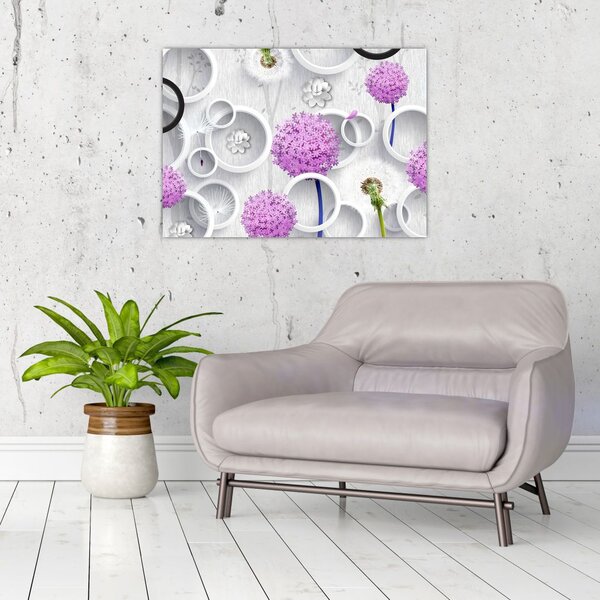 Tablou cu abstracție 3D cu cercuri și flori (70x50 cm)