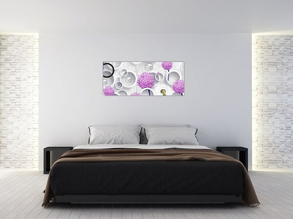 Tablou cu abstracție 3D cu cercuri și flori (120x50 cm)