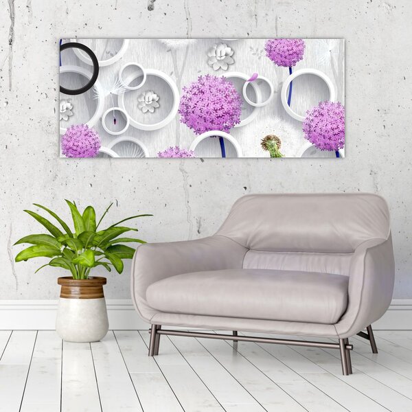 Tablou cu abstracție 3D cu cercuri și flori (120x50 cm)