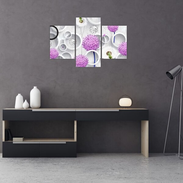Tablou cu abstracție 3D cu cercuri și flori (90x60 cm)