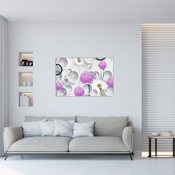 Tablou cu abstracție 3D cu cercuri și flori (90x60 cm)