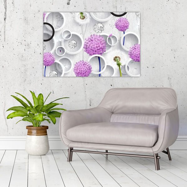 Tablou cu abstracție 3D cu cercuri și flori (90x60 cm)