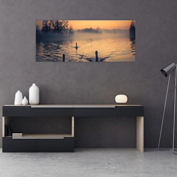 Tablou cu lebăde pe apă în ceață (120x50 cm)