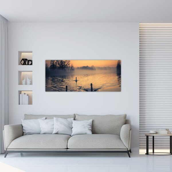 Tablou cu lebăde pe apă în ceață (120x50 cm)
