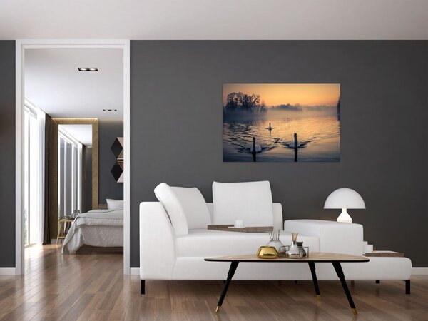 Tablou cu lebăde pe apă în ceață (90x60 cm)