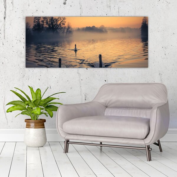 Tablou cu lebăde pe apă în ceață (120x50 cm)