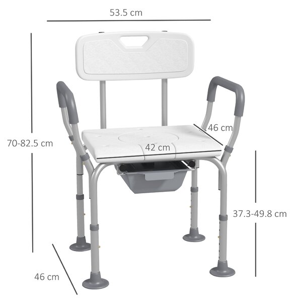 HOMCOM Scaun Baie cu Spătar și Brațe, Toaletă cu Înălțime Reglabilă, Scaun Toaletă cu Plăcuță de Picior, 53,5x46x70-82,5 cm, Alb | Aosom Romania