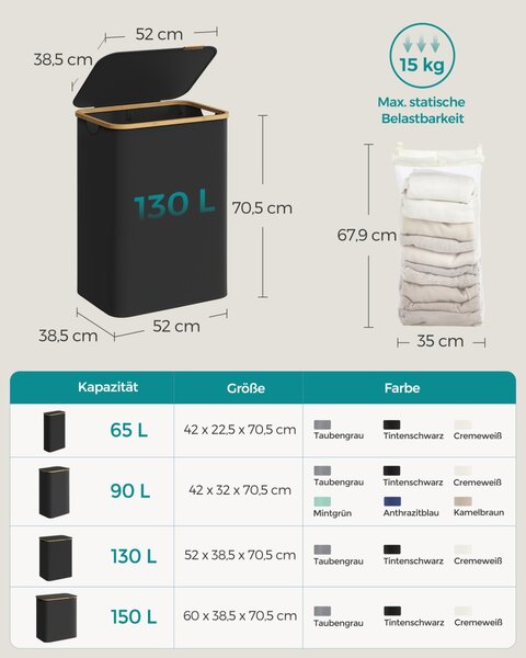 Cos de rufe Songmics Negru 52x38.5x70.5 cm