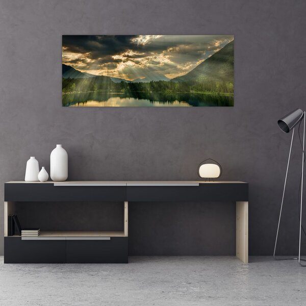 Tablou cu lac și soarele translucid (120x50 cm)