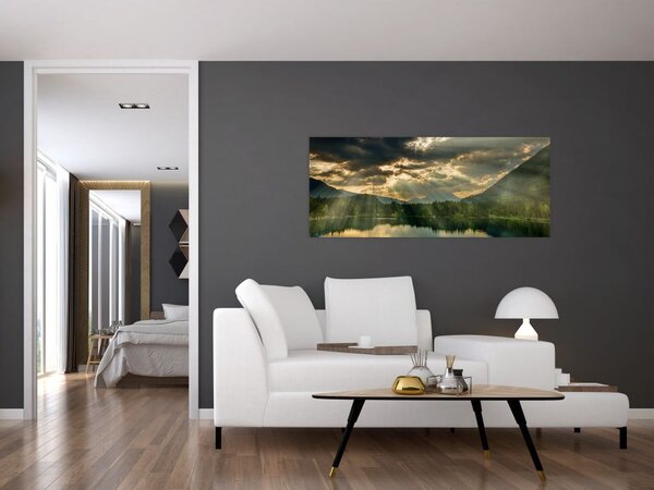 Tablou cu lac și soarele translucid (120x50 cm)