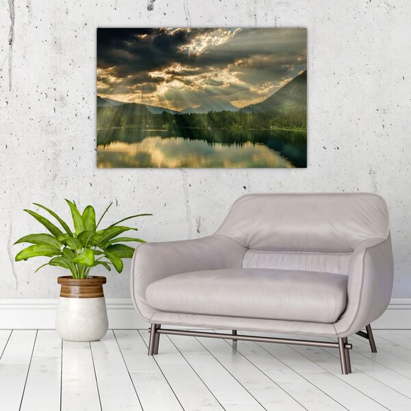 Tablou cu lac și soarele translucid (90x60 cm)