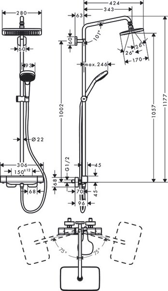 Hansgrohe Croma set de duș perete cu termostat cu duș de ploaie crom 27660000