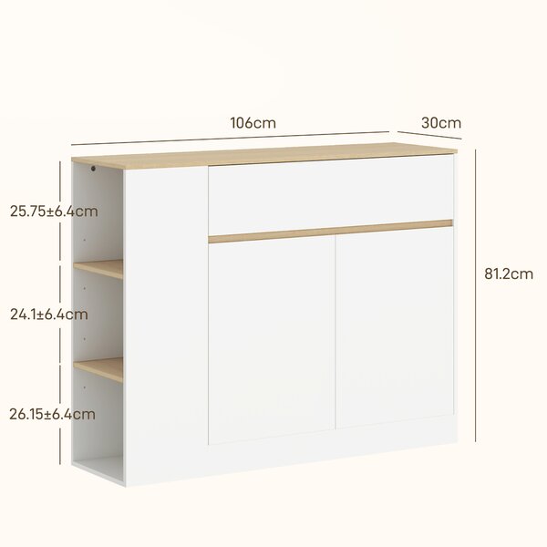 HOMCOM Bufet de Bucătărie cu 2 Uși, Raft Reglabil, 2 Sertare și 3 Compartimente Deschise, 106x30x81,2 cm, Alb | Aosom Romania