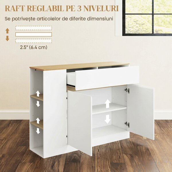 HOMCOM Bufet de Bucătărie cu 2 Uși, Raft Reglabil, 2 Sertare și 3 Compartimente Deschise, 106x30x81,2 cm, Alb | Aosom Romania