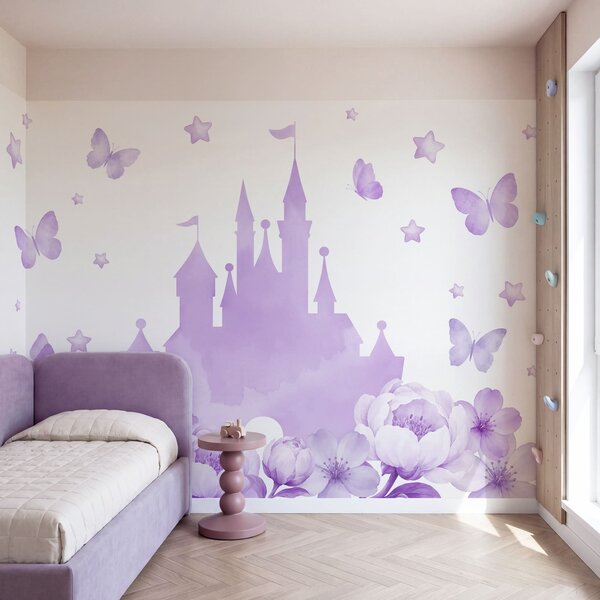 Fototapet Castel violet cu flori și fluturi, Fototapet fluturi, Fototapet populare, t01113v2 - Tapeko.ro