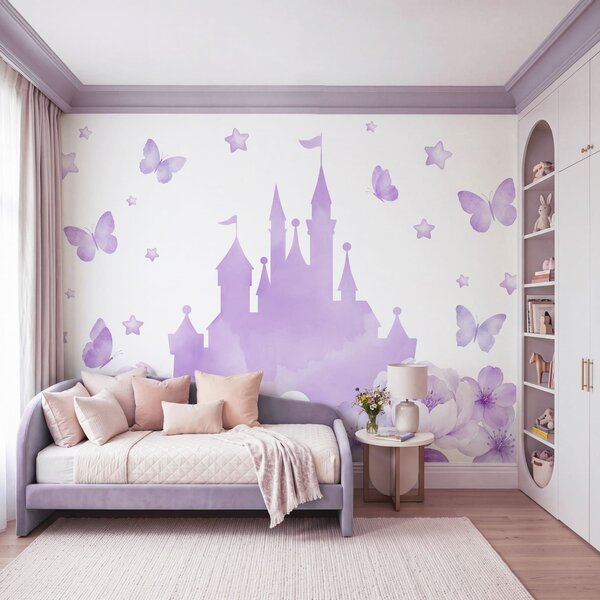 Fototapet Castel violet cu flori și fluturi, Fototapet fluturi, Fototapet populare, t01113v2 - Tapeko.ro