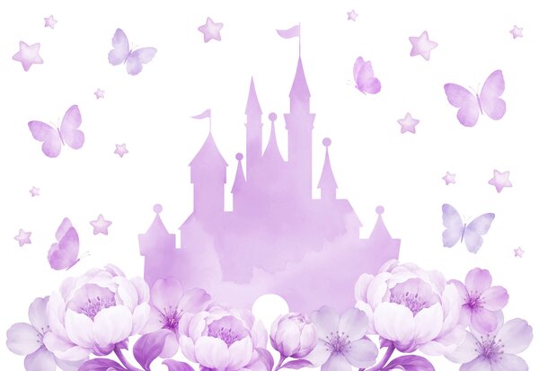 Fototapet Castel violet cu flori și fluturi, Fototapet fluturi, Fototapet populare, t01113v2 - Tapeko.ro