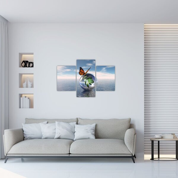 Tablou cu fluture pe bilă din sticlă (90x60 cm)