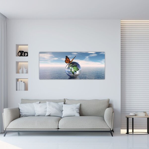 Tablou cu fluture pe bilă din sticlă (120x50 cm)