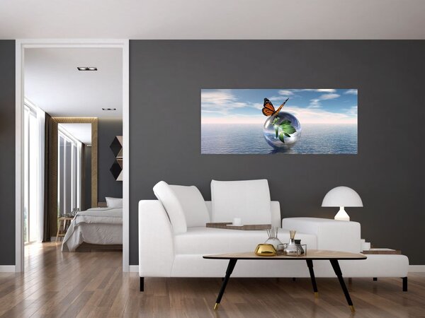 Tablou cu fluture pe bilă din sticlă (120x50 cm)