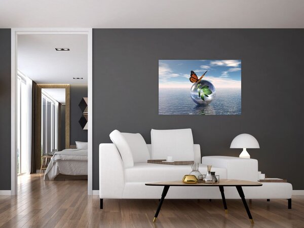 Tablou cu fluture pe bilă din sticlă (90x60 cm)