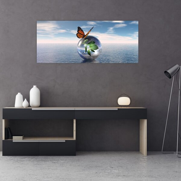 Tablou cu fluture pe bilă din sticlă (120x50 cm)
