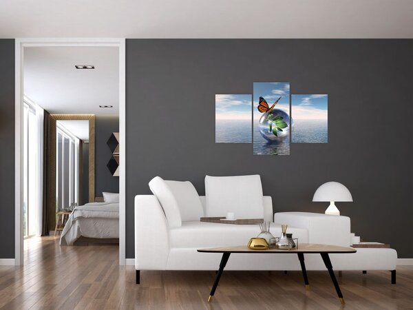 Tablou cu fluture pe bilă din sticlă (90x60 cm)