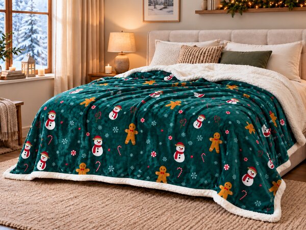 Patura miel de Craciun din microplus SNOWMAN AND GINGERBREAD verde inchis Dimensiuni: 200 x 220 cm