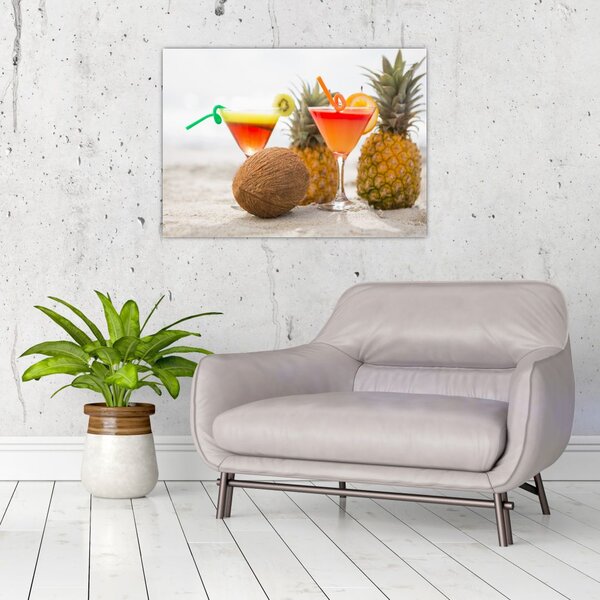 Tablou cu ananas și pahare pe plajă (70x50 cm)