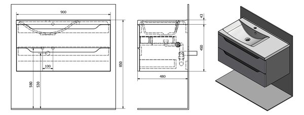 Sapho Sapho, dulap lavoar WAVE 89,7x45x47,8cm, alb, stânga (WA092L), WA092-3030