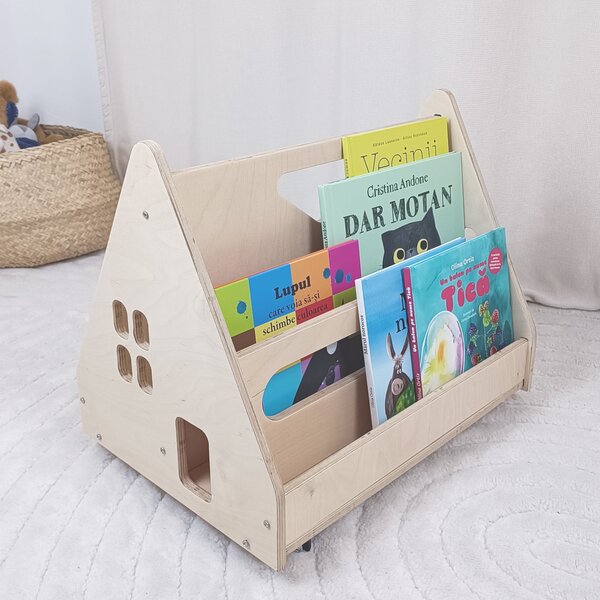 Bibliotecă Montessori cu roți, în formă de căsuță BOOKY