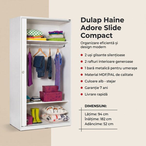 Dulap Haine Adore Slide Compact, 2 usi glisante, 94x182x52 cm