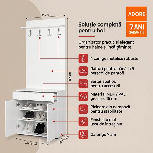 Cuier cu Pantofar Adore Porto Aero, cu Sertar, Alb - Natur, 73x187x36 cm
