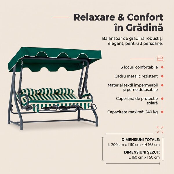 Balansoar de gradina cu 3 locuri Alico, Verde, 200x165x110 cm