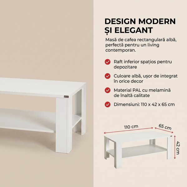 Masuta Cafea Rectangular Adore Living, Alb - Maro, 110x42x65 cm