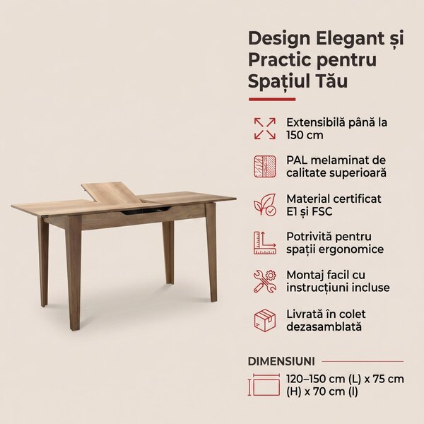 Masă Dining Adore, Design Modern, Extensibilă, 120–150 cm, 120x70x75 cm