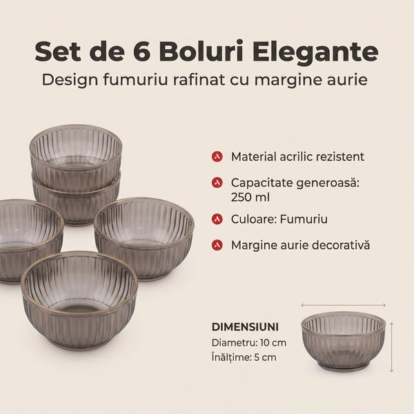 Set 6 boluri, Fumuriu, 10x10x5 cm