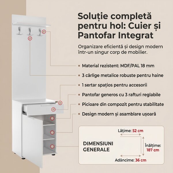 Cuier cu Pantofar Adore Porto Aero cu usa si sertar, Alb - Stejar, 52x187x36 cm