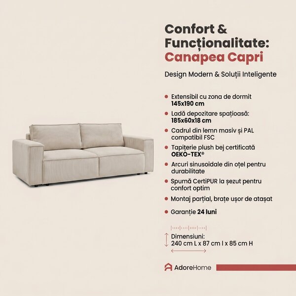 Canapea extensibila 3 locuri Capri cu lada de depozitare, Bej - Gri, 240x87x85 cm