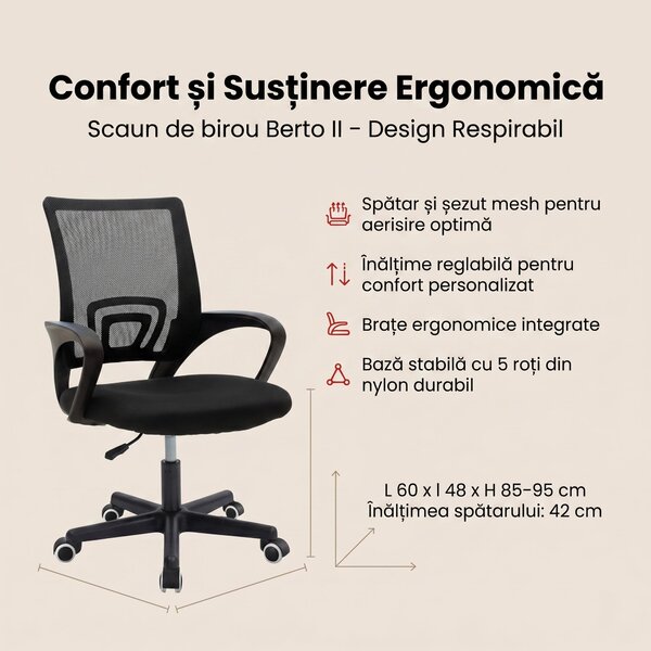 Scaun ergonomic de birou Berto II cu spatar din mesh, – roz/negru, 60x48x85-95 cm