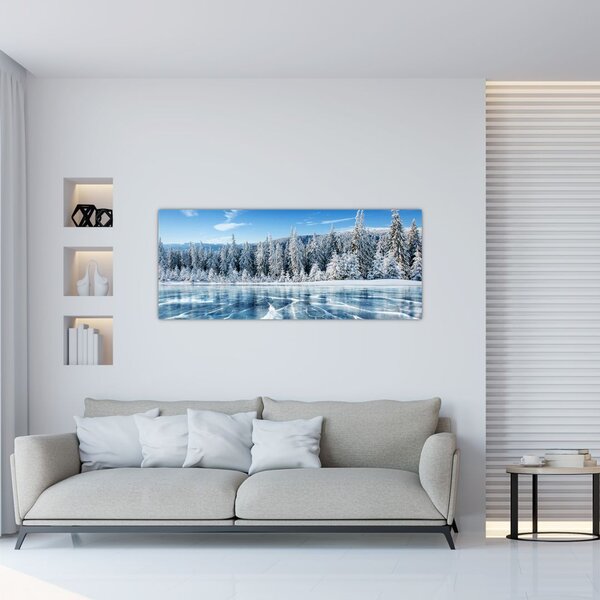 Tablou cu lacul înghețat și copacii înzăpeziți (120x50 cm)