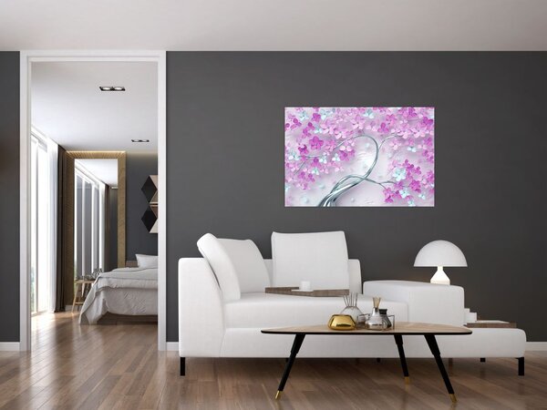 Tablouri cu flori pe trunchi argintiu - abstract (90x60 cm)