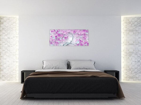 Tablouri cu flori pe trunchi argintiu - abstract (120x50 cm)