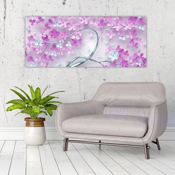 Tablouri cu flori pe trunchi argintiu - abstract (120x50 cm)