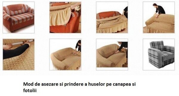 Set huse elastice si creponate pentru canapea 3 locuri si 2 fotolii, cu volanas, culoare Gri