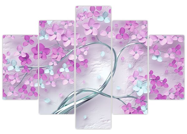 Tablouri cu flori pe trunchi argintiu - abstract (150x105 cm)