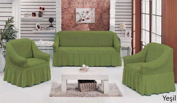 Set huse elastice si creponate pentru canapea 3 locuri si 2 fotolii, cu volanas, Verde